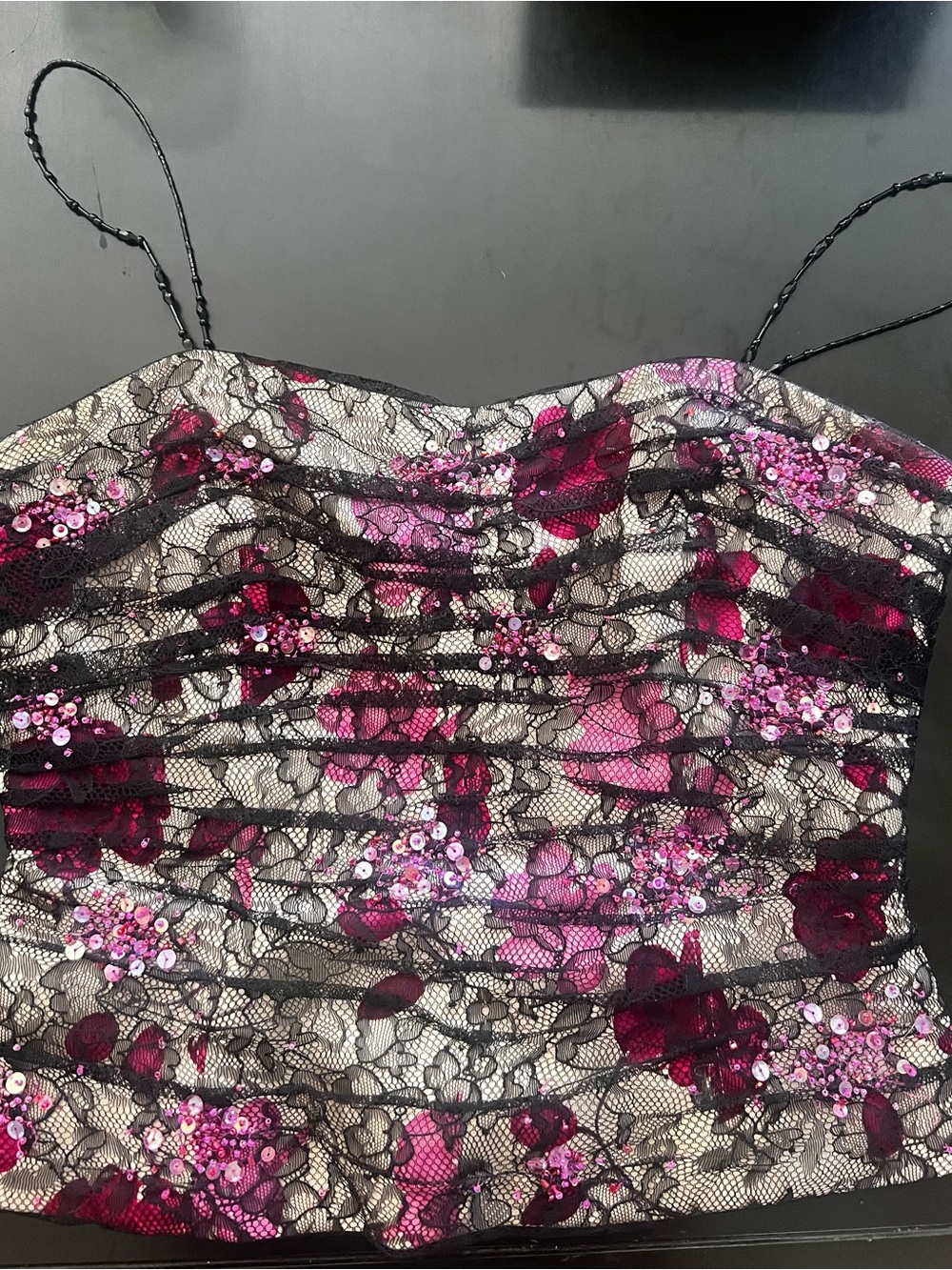 Kay Unger Corset like Top Black sheer lace on White & Pink Floral Sequin size 2